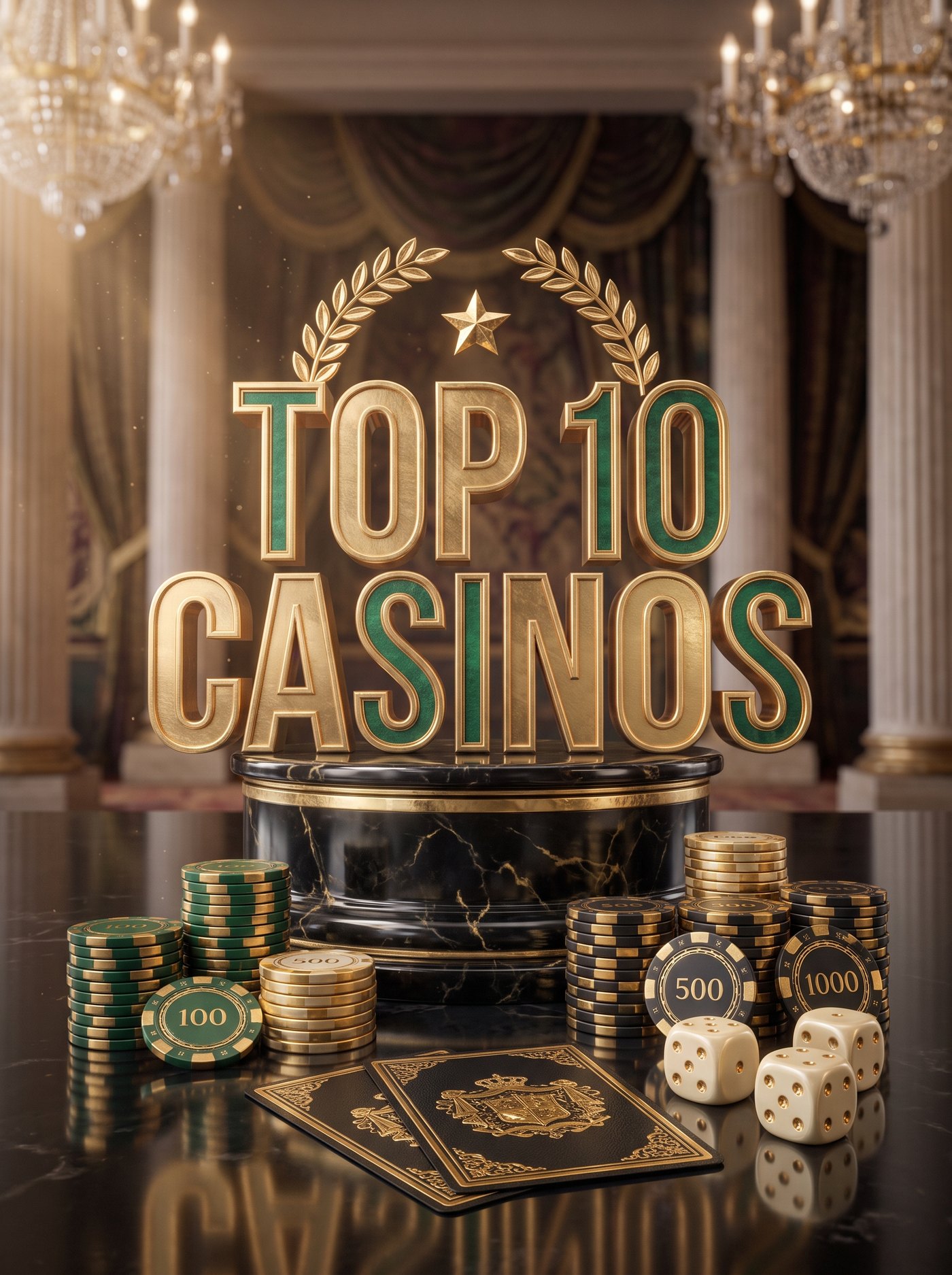 Gold Top 10 Casinos lettering on a black marble pedestal with casino chips, cards and dice